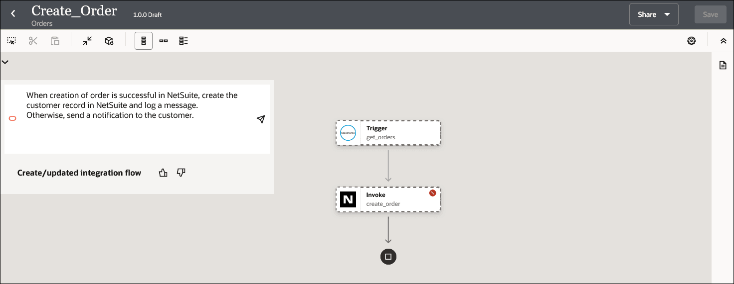 The integration canvas shows the current integration flow. It also shows the natural language text entered by the user to update this current integration flow.