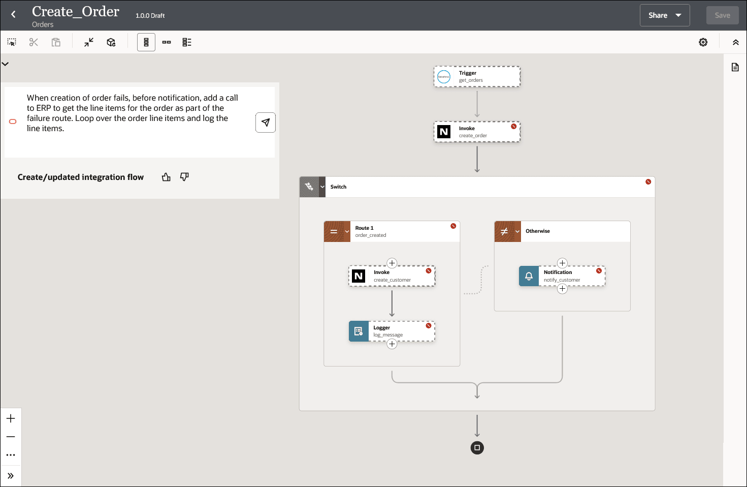 The integration canvas shows the current integration flow. It also shows the natural language text entered by the user to update this current integration flow.