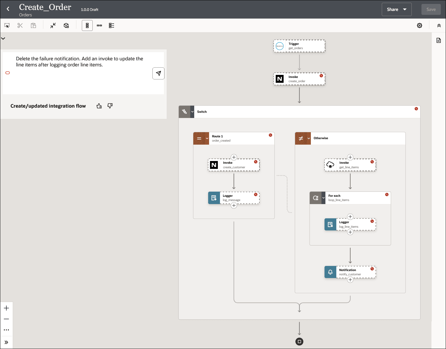 The integration canvas shows the current integration flow. It also shows the natural language text entered by the user to update this current integration flow.