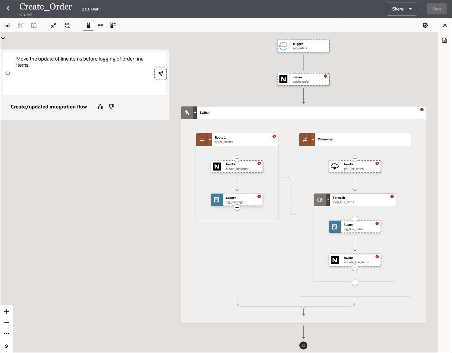 The integration canvas shows the current integration flow. It also shows the natural language text entered by the user to update this current integration flow.