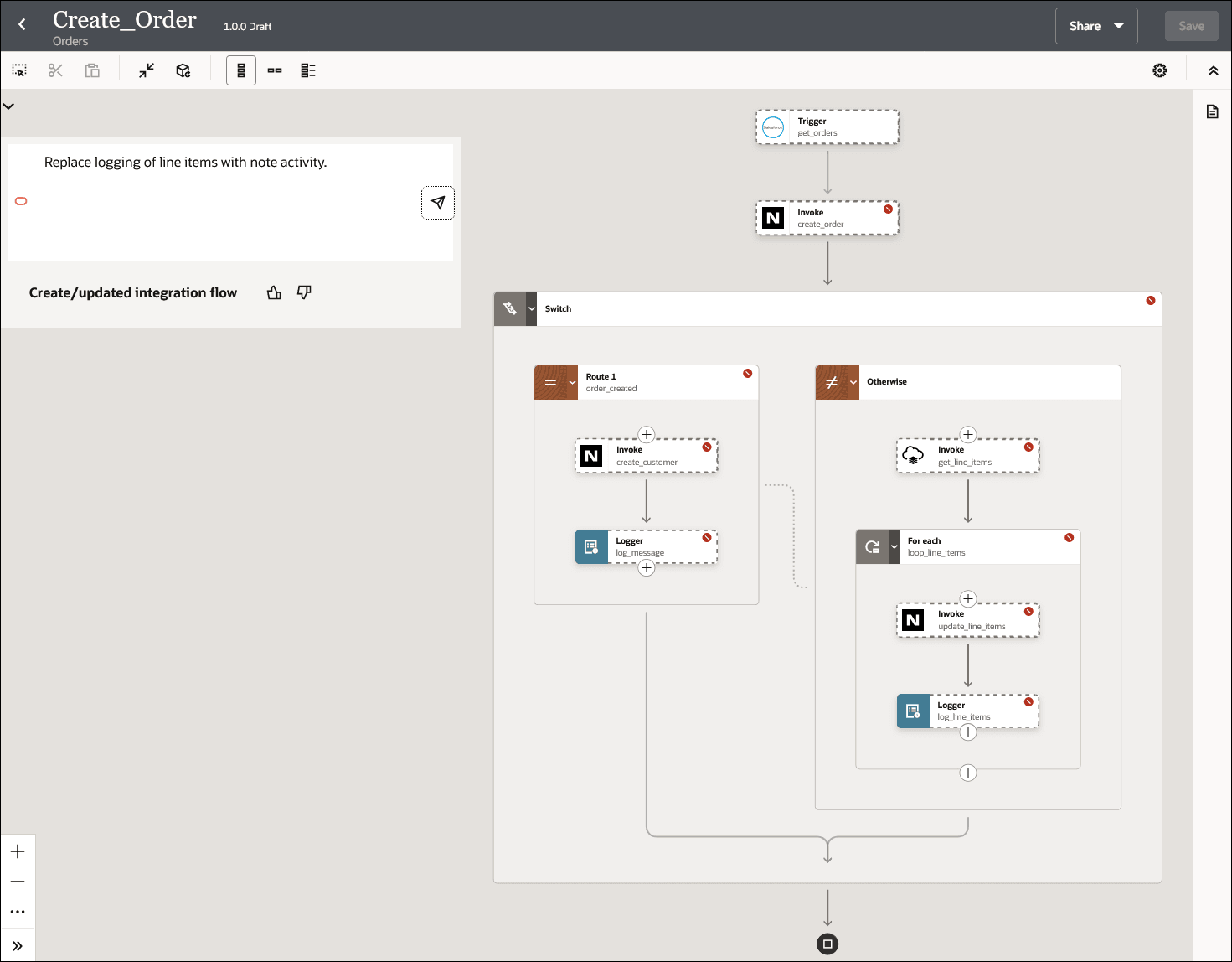 The integration canvas shows the current integration flow. It also shows the natural language text entered by the user to update this current integration flow.