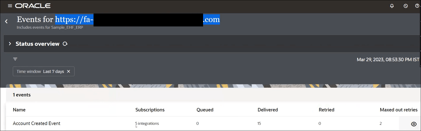 The Events page for the Oracle Fusion Applications host is shown. It includes a Status Overview section and a filter. Below this is a message about the number of events. Below this is a table with columns for Name, Subscriptions, Queued, Delivered, Retried, and Maxed out retries.