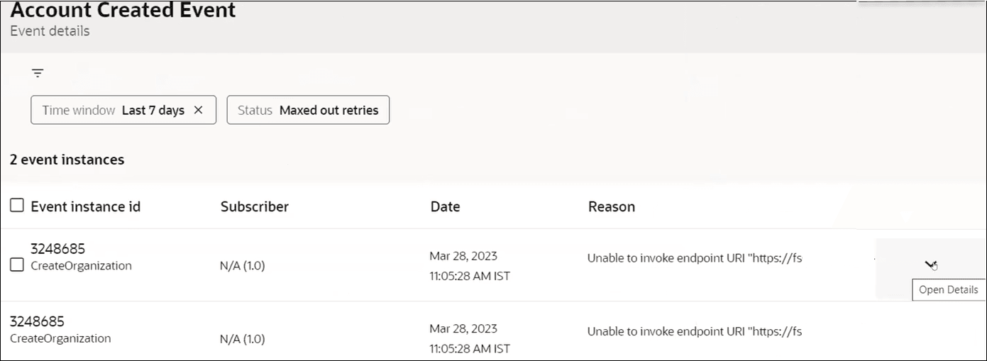 The Event details page shows the currently set filters. Below this is the number of event instances. Below this is a table with columns for Event instance ID, Subscriber, Date, and Reason.