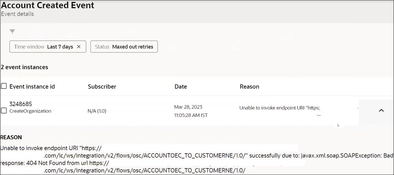 The Event details page shows the currently set filters. Below this is the number of event instances. Below this is a table with columns for Event instance ID, Subscriber, Date, and Reason. Below this the reason is given for the error.