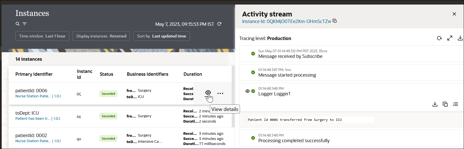 The Instances page shows the search filter. Below this is a table with columns for Primary identifier, Instance ID, Business Identifiers, and Duration. The Activity stream is open to show the instance ID value and the Tracing level set to Production. Below this are the completed milestones in the instance. The Logger is expanded to show the message Patient Id 0006 transferred from Surgery to ICU.