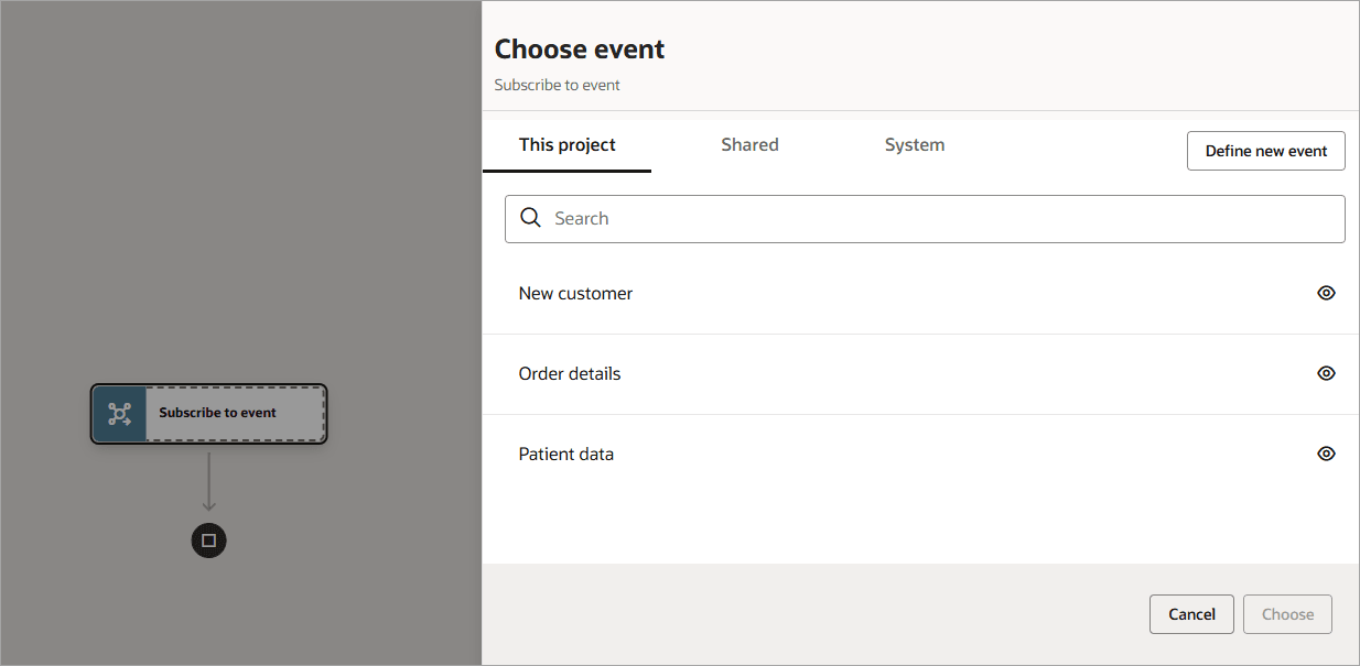 The Subscribe to event icon appears. To Choose event panel is open. It shows a Search field and a Define new event button. Below are the available events from which to choose. The Cancel and Choose buttons appear at the bottom.