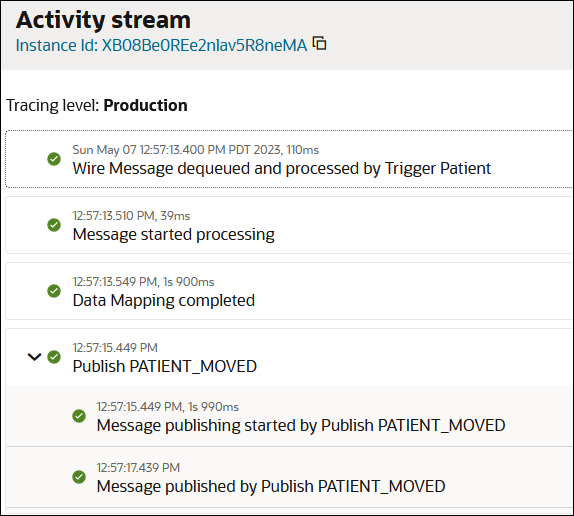 The Activity Stream page shows the instance ID at the top. Below this is the Tracing level value of Production. Below this are the milestones in the completed instance. The message was successful published.
