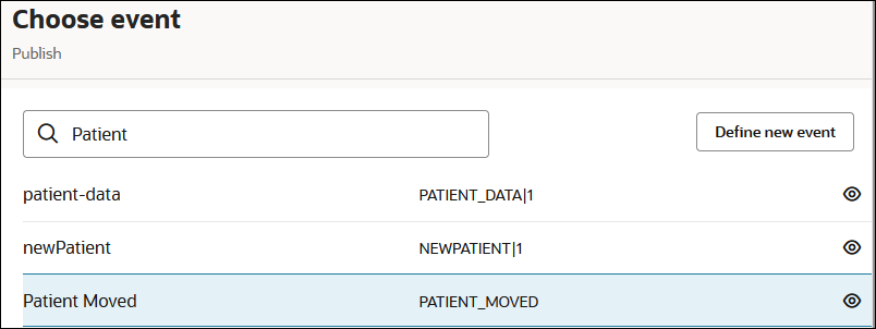 The Choose event dialog shows Publish details. The Search field appears. Patient appears in the field. To the right is the Define new event button. Below this are the search results for events with patient in the name. At the far right is the View Details icon.