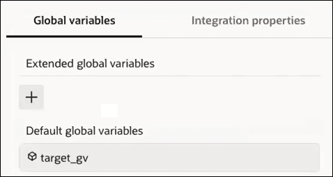 The Global variables (which is selected) and Integration properties tabs are shown. The Extended global variables section shows a + sign. The Default global variables section shows a value of target_gv.
