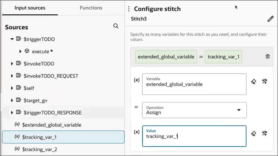 The Input sources and Functions (which is selected) tabs are shown. Below is the Sources list. On the right is the Configure stitch section. Below this is the configured data stitch action, the Variable field, the Operation list, and the Value field. The defined stitch value is extended_global_variable = tracking_var_1.
