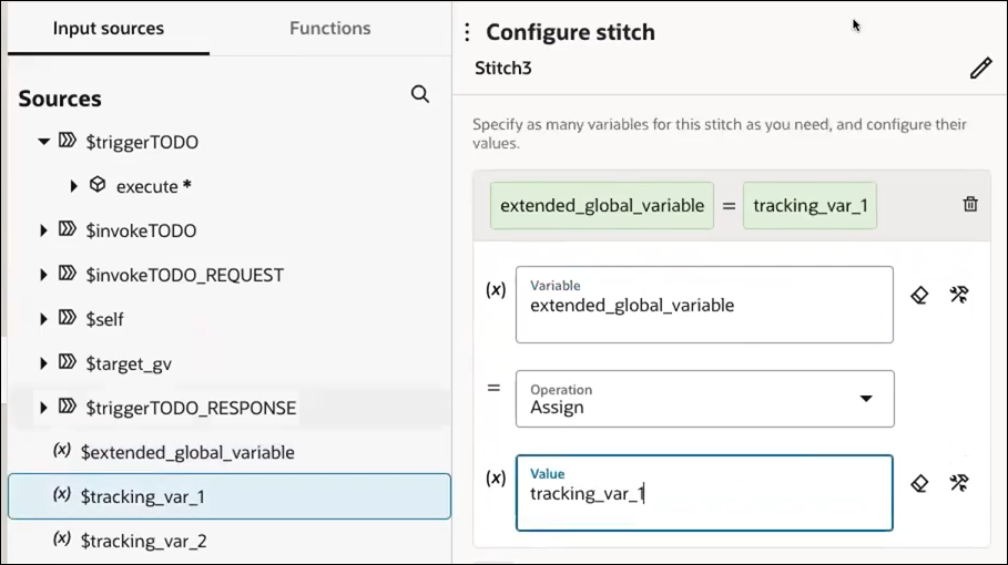 The Input sources and Functions (which is selected) tabs are shown. Below is the Sources list. On the right is the Configure stitch section. Below this is the configured stitch action, the Variable field, the Operation list, and the Value field. The defined stitch value is extended_global_variable = tracking_var_1.