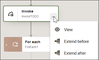 The Invoke action is selected to show options for View, Extend before, and Extend after.