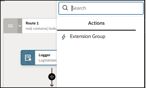 A Route 1 branch is shown, which includes a logger action. The plus icon after the logger action is clicked to show the Actions menu, with Extension Group as the only selection. A Search field appears above the Actions menu. A Route 1 branch is shown, which includes a logger action. The plus icon after the logger action is clicked to show the Actions menu, with Extension Group as the only selection. A Search field appears above the Actions menu.