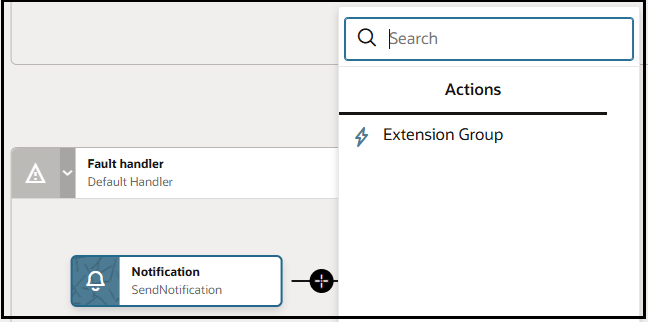 A fault handler is shown, which includes a notification action. The plus icon after the notification action is clicked to show the Actions menu, with Extension Group as the only selection. A Search field appears above the Actions menu. A fault handler is shown, which includes a notification action. The plus icon after the notification action is clicked to show the Actions menu, with Extension Group as the only selection. A Search field appears above the Actions menu.