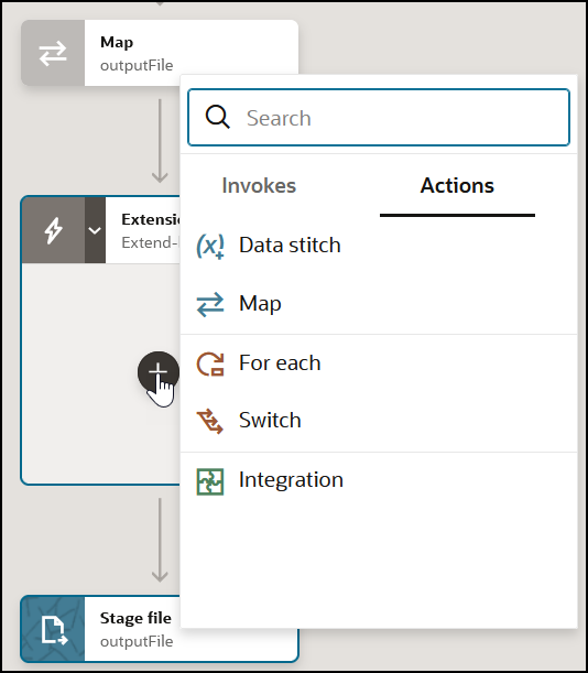 The + sign in the extension is clicked to show a list with actions and invokes that can be added.