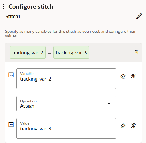 The Configure stitch panel shows an edit icon at the top. Below that is the defined expression. Below that are the Variable, Operation, and Value fields. Each field has Clear and Developer Mode icons.