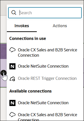 The Search field appears at the top. Below are the Invoke and Actions tabs. Invoke is selected to show the available connections.