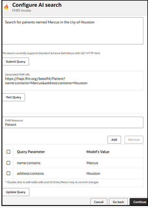 This image shows the Configure AI Search page. Below this is the text description box where you enter queries, the Submit Query button, the Generated FHIR URL field, the Test Query button, the clickable message result of the query, the FHIR Resource field, the generated query parameters and their model values, and the Add and Remove buttons for editing the parameters. Below this are the Cancel, Go back, and Continue buttons.