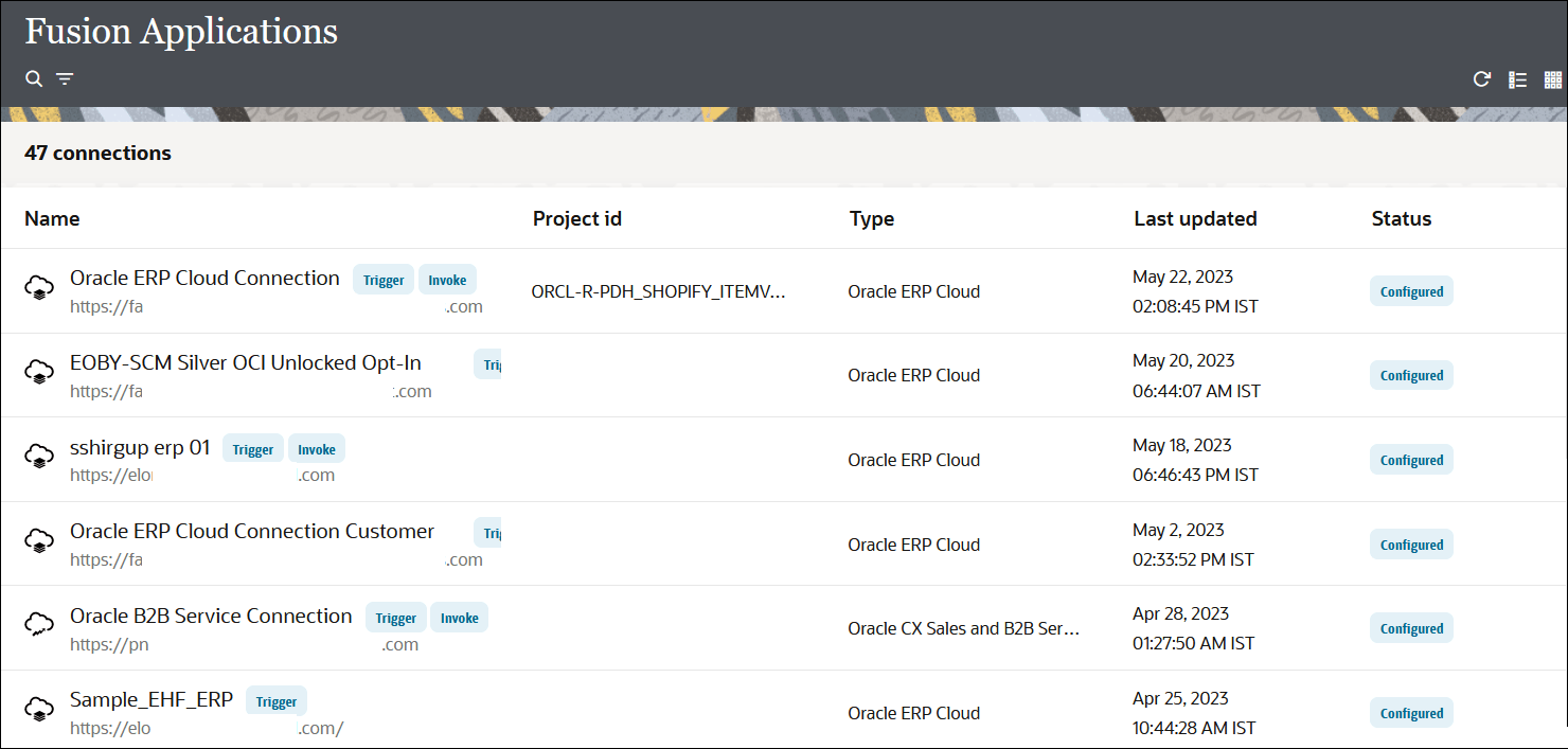 The Fusion Applications page lists the number of current connections. Below this is a table with columns for Name, Project id, Type, Usage, Last updated, and Status.