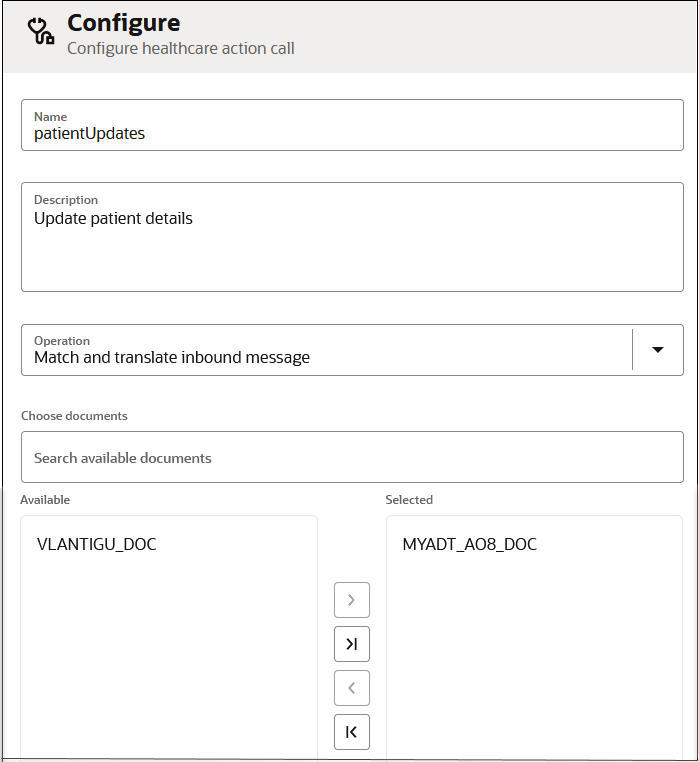 The Configure - Configure healthcare action call page. Fields for Name, Description, Operation (Match and translate inbound message is selected), and Document fields are shown. The Configure - Configure healthcare action call page. Fields for Name, Description, Operation (Match and translate inbound message is selected), and Document fields are shown.