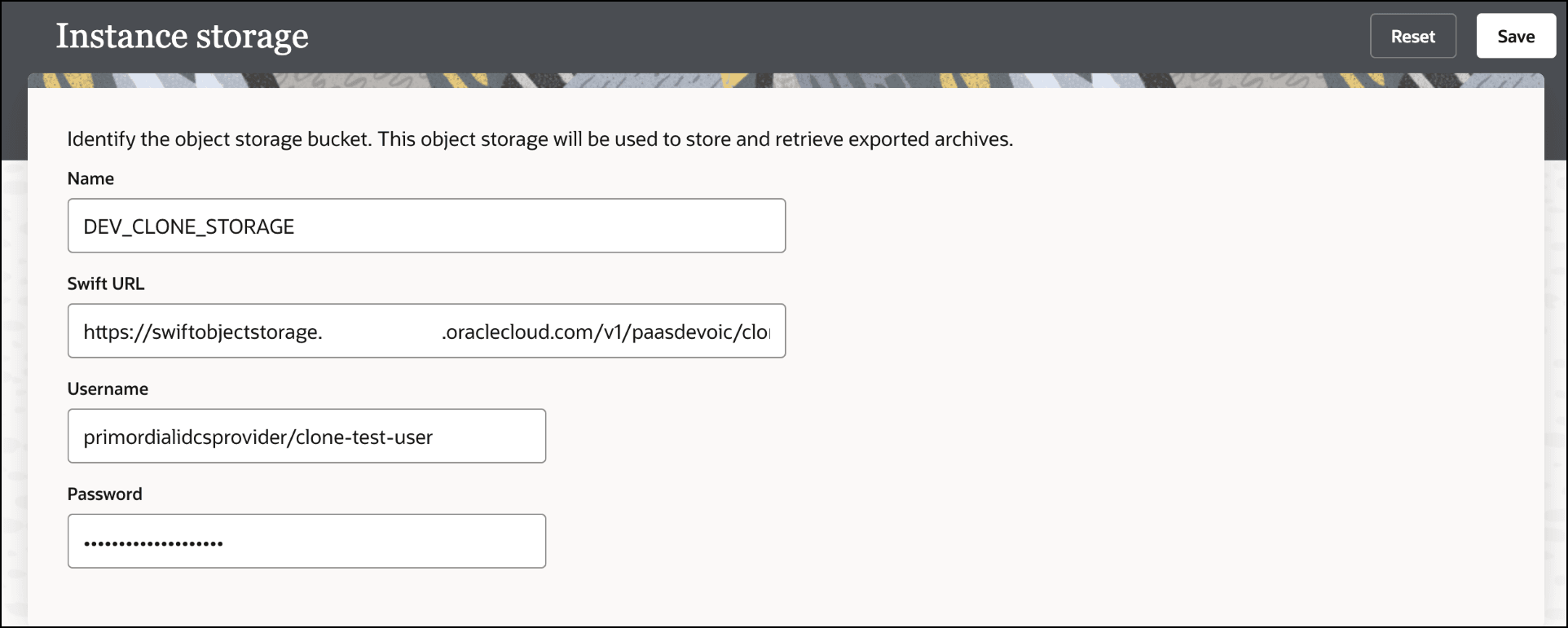 The Instance Storage page shows fields for Name, Swift URL, Username, and Password.