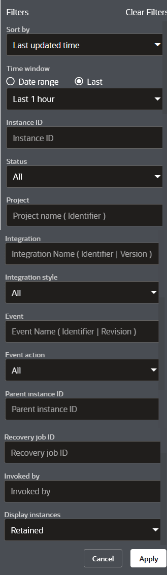Filter options for Last updated or Creation time, Time Window (with Date Range and Last buttons), Instance ID, Status, Project, Integration, Integration style, Event, Event Action, Parent instance ID, Recovery job ID, Invoked by, and Display instances.
