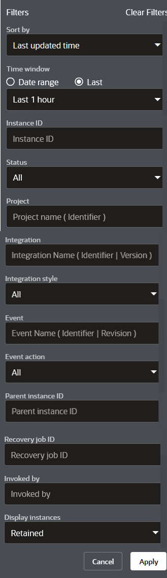 Filter options for Last updated or Creation time, Time Window (with Date Range and Last buttons), Instance ID, Status, Project, Integration, Integration style, Event, Event Action, Parent instance ID, Recovery job ID, Invoked by, and Display instances.