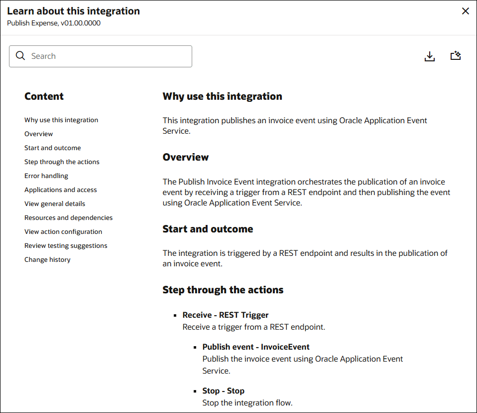 The Learn about this integration panel shows the documentation generated by AI along with options to perform search, navigate through the content, save the documentation as a PDF, and regenerate the documentation. The Learn about this integration panel shows the documentation generated by AI along with options to perform search, navigate through the content, save the documentation as a PDF, and regenerate the documentation.