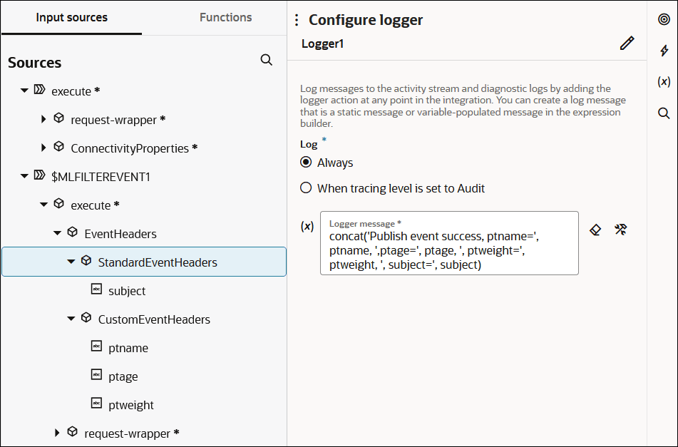 The Configure logger panel is shown. On the left are the Input sources (which is selected) and Functions tabs. The Sources tree is expanded to show the EventHeaders section. The StandardEventHeaders and CustomEventHeaders sections are shown. CustomEventHeaders includes elements for ptname, ptage, and ptweight. On the right is the Log section, which includes radio buttons for Always (which is selected) and When tracing level is set to Audit. Below this is the defined logger message. Two icons appear to the right of this message. In the upper right is an Edit icon and four vertical icons.