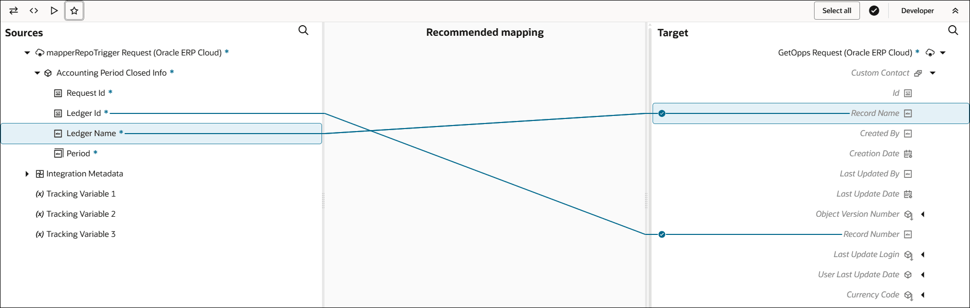 The mapper shows the Sources, Recommended mapping, and Target sections. The Recommended mapping section shows the mapping recommendations between the source and target elements. Above the mapping canvas, the mapper toolbar is available.