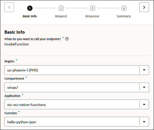The Basic Info page shows the wizard train at the top: Basic Info, Request, Response, and Summary. To the left and right of the train are < and > links, respectively. Below are the Region, Compartment, Application, and Function lists.