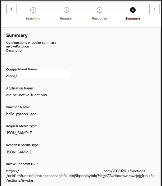 The Basic Info page shows the wizard train at the top: Basic Info, Request, Response, and Summary. To the left and right of the train are < and > links, respectively. Below are the values for the Compartment Name, Application Name, Function Name, Request Media Type, Response Media Type, and Invoke Endpoint URL.