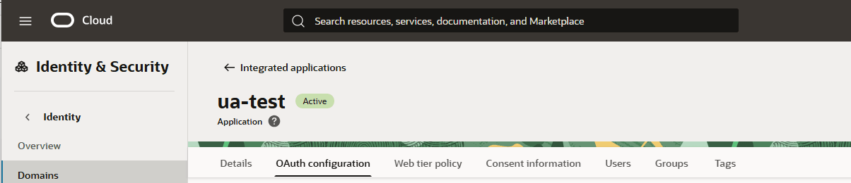 The Details, OAuth configuration, Web tier policy, Consent information, Users, Groups, Tags are displayed.