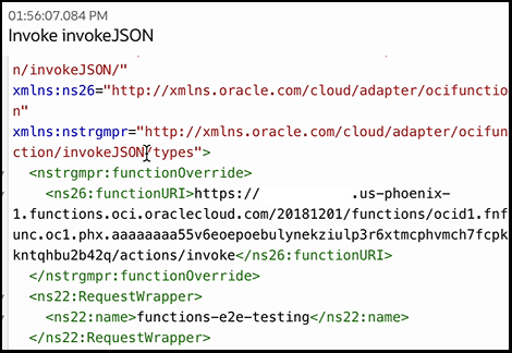 The activity stream for the OCI function action is expanded to show the functionOverride element. The value shown is the one specified in the mapper.
