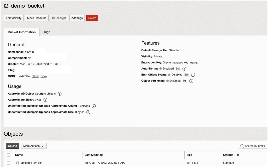 The details page for the bucket is shown. Tabs are shown for Edit Visibility, Move Resource, Re-encrypt, Add tags, and Delete. The Bucket Information subtag is selected. The General section includes the Namespace, Compartment, Created, ETag, and OCID fields. The Usage section shows fields for Approximate Object Count, Approximate Size, Uncommitted Multipart Uploads Approximate Count, and Uncommitted Multipart Uploads Approximate Size. The Features section shows fields for Default Storage Tier, Visibility, Encryption Key, Auto Tiering, Emit Object Events, and Object Versioning. At the bottom is the Objects section. The Upload tab is selected. A table with columns for Name, Last Modified, Size, and Storage Tier is shown.