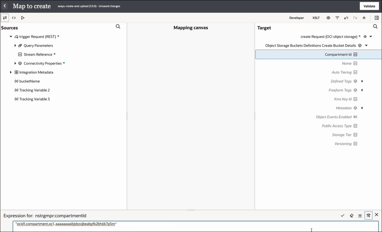The Sources, Mapping canvas, and Targets sections are shown. The target Compartment id element is selected. In the Expression Builder at the bottom, the OCID value for the compartment is entered.