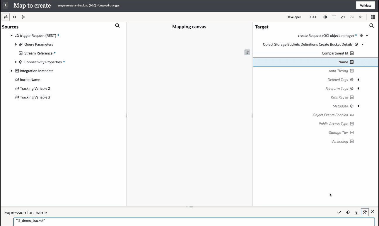 The Sources, Mapping canvas, and Targets sections are shown. The target Name element is selected. In the Expression Builder at the bottom, a value of l2_demo_bucket is entered.