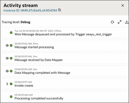 The Activity Stream panel instance ID and tracing level are shown at the top. The activity stream shows the movement of messages through the integration. All milestones are shown as green.