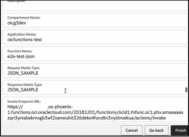 The Summary page shows the Description, Compartment Name, Application Name, Function Name, Request Media Type, Response Media Type, and Invoke Endpoint URL fields. The Summary page shows the Description, Compartment Name, Application Name, Function Name, Request Media Type, Response Media Type, and Invoke Endpoint URL fields.