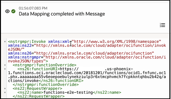 The activity stream for the mapper is expanded to show the functionOverride element. The value shown is the one specified in the mapper. The activity stream for the mapper is expanded to show the functionOverride element. The value shown is the one specified in the mapper.