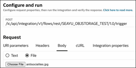 The Configure and run page shows the POST URL and the Request section, which includes tabs for URI parameters, Headers, Body, cURL, and Integration properties.