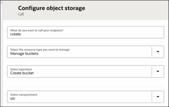 The Configure object storage panel shows fields for the name, resource type to manage, selected operation, and selected compartment.