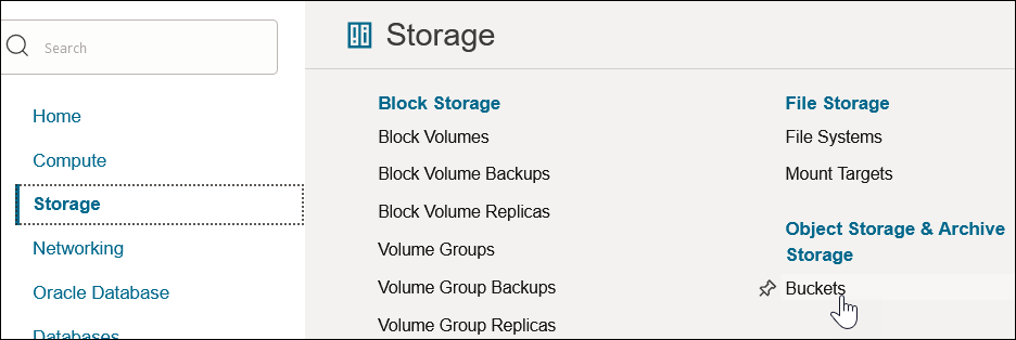 The navigation pane shows that the Storage option is selected. To the right are sections for Block Storage, File Storage, and Object Storage & Archive Storage. The Bucket option within Object Storage & Archive Storage is being selected.