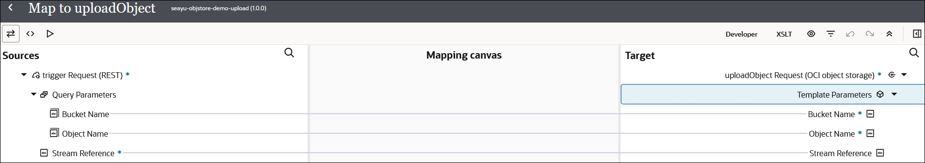 The Sources, Mapping canvas, and Targets sections are shown. Bucket Name is mapped to Bucket Name. Object Name is mapped to Object Name. Stream Reference is mapped to Stream Reference.