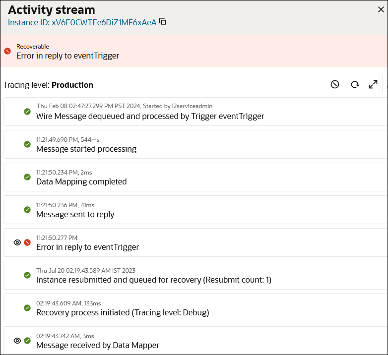 The Activity Stream panel instance ID, error message, and tracing level set during integration activation at the top. In the stream is the message indicating that the tracing level was set to debug for this integration instance: Recovery process initiated (Tracing level: Debug).