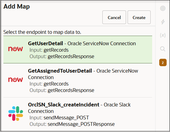 The Add Map dialog, which lists the endpoints to map to and a Cancel button at the bottom. The Add Map dialog, which lists the endpoints to map to and a Cancel button at the bottom.