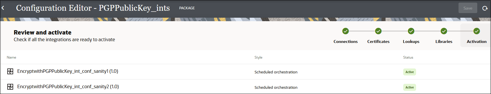 The Configuration Editor page shows a wizard train in the upper right that includes pages for Connections, Certificates, Lookups, Libraries, and Activation. Below this is a table with columns for Name, Style, and Status. The Status column shows that all integrations are active.