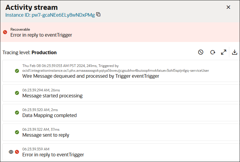 The activity stream shows a nonrecoverable error message link at the top. Below this, the tracing level is set to production. Three icons appear to the far right. Below the tracing level are entries that show the movement of the message payload through the integration. All are green (successfully processed) except for the last one, which is red (failed processing).