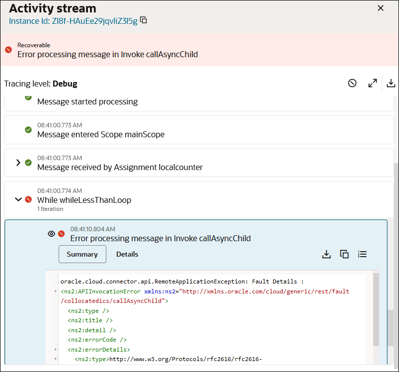 The activity stream shows a nonrecoverable error message link at the top, which is being clicked. Below this, the tracing level is set to production. Three icons appear to the far right. Below the tracing level are entries that show the movement of the message payload through the integration. The last entry is in error and is selected to show entries for Summary, Detail, and three icons. Summary is selected to show the payload.