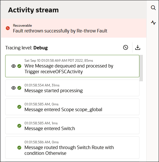 The activity stream shows a recoverable error message link at the top. After this, the tracing level is set to debug. Two icons appear to the far right. In the upper right corner of the activity stream are two other icons. After the tracing level are entries that show the movement of the message payload through the integration.